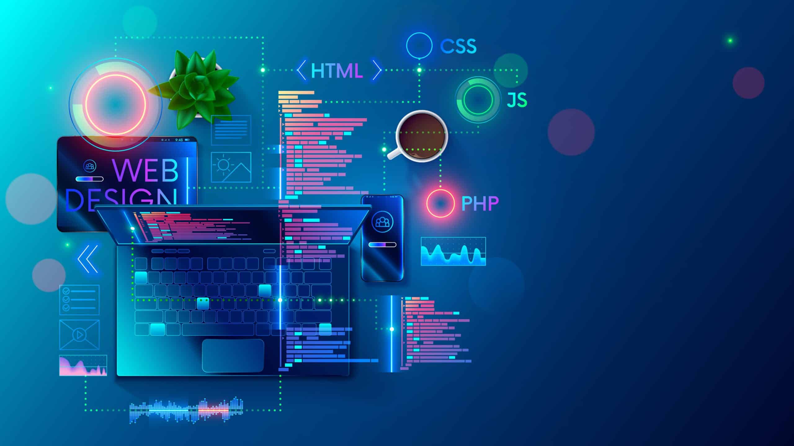 A digital illustration of web design concepts serves as a comprehensive guide, featuring a laptop, smartphone, plant, and code snippets in HTML, CSS, JS, and PHP on a blue background.