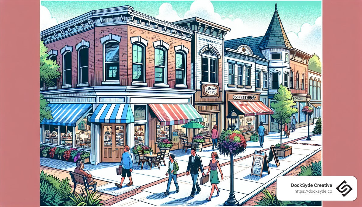 Illustration of a lively street with shops, awnings, and people walking on the sidewalk. Trees and flowers are in bloom, creating a welcoming atmosphere.