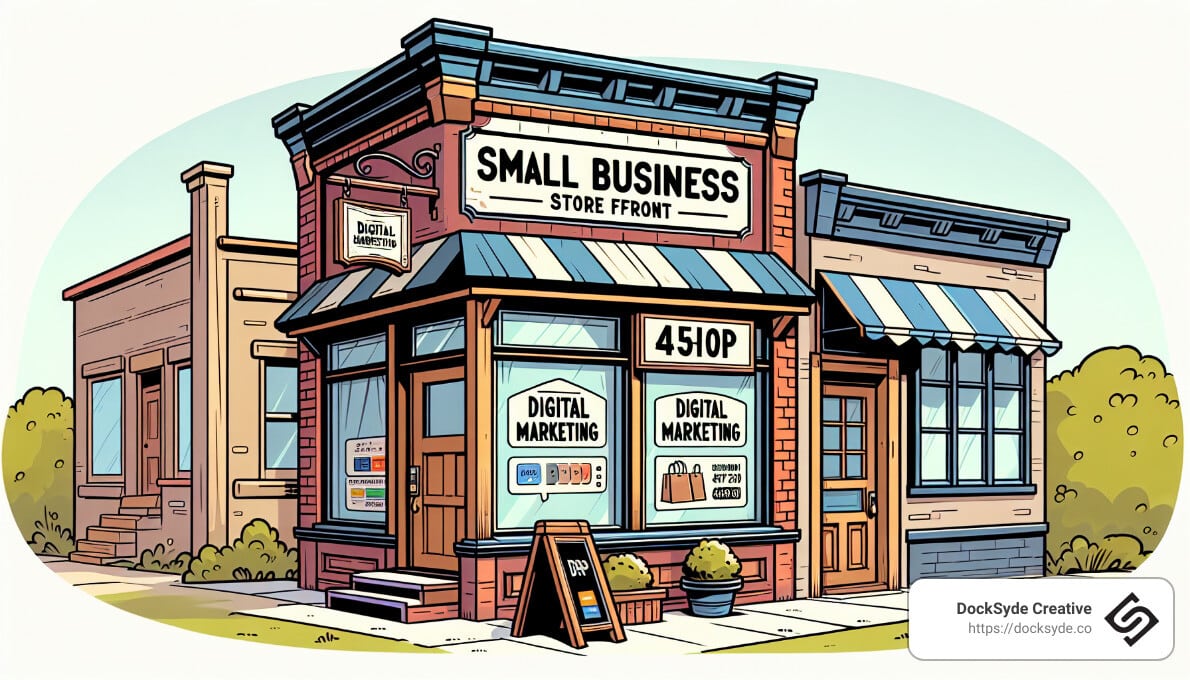 Illustration of a small business storefront featuring signs for digital marketing services, with an awning, door, and address number 4510P.