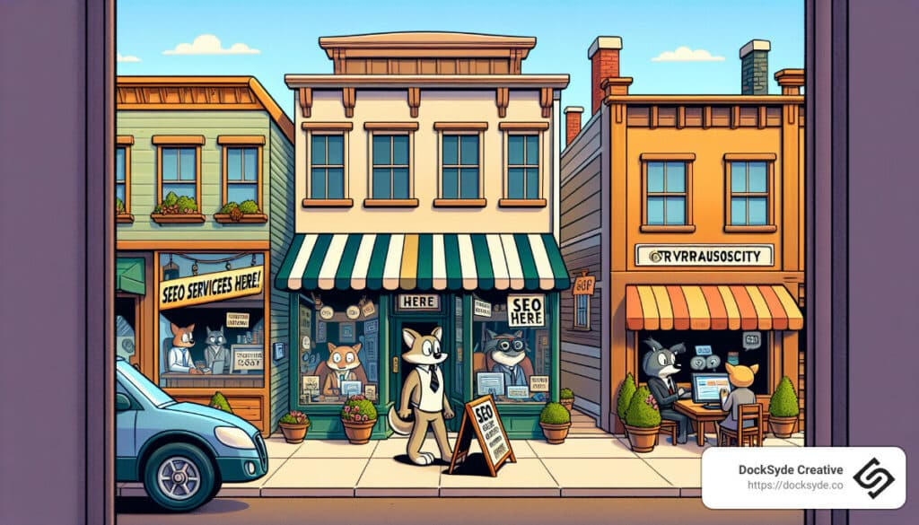 Anthropomorphic badger placing a signboard in front of an seo services shop on a cartoon street scene.