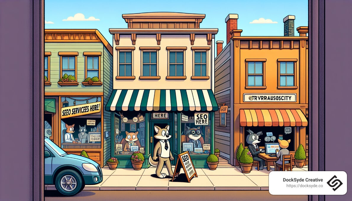 A cartoon scene of a street with anthropomorphic animals running SEO businesses. Buildings have signs like "SEO Here" and "SEO Services." A car is parked on the left, and animals are walking nearby.