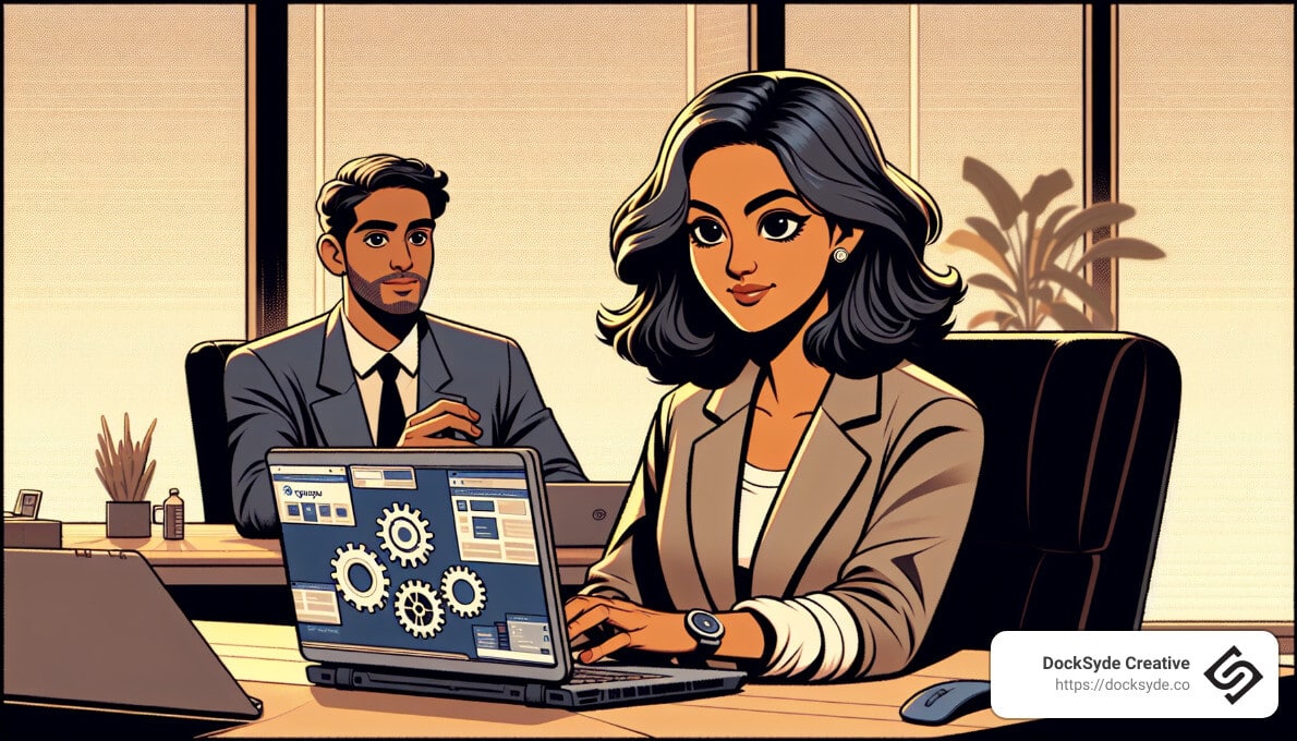 Two people in business attire working on laptops at a desk. The woman's screen displays gears and flowcharts. Office setting with a plant in the background.