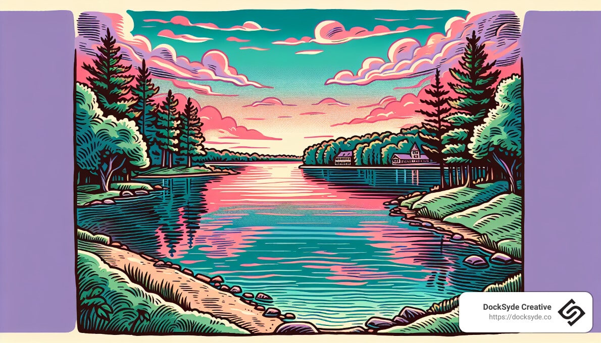 Illustrated landscape of a river surrounded by trees at sunset with colorful clouds in the sky.