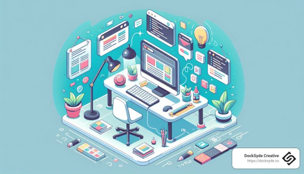 An illustration of a modern, organized desk workspace surrounded by various design elements and digital devices in a vibrant isometric style.