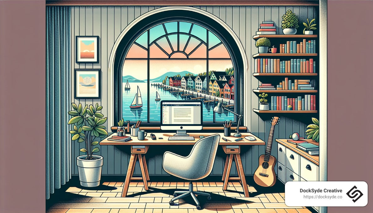 Cozy office with a wooden desk and computer, overlooking a seaside town through a large arched window. Bookshelves, a guitar, and plants decorate the room.