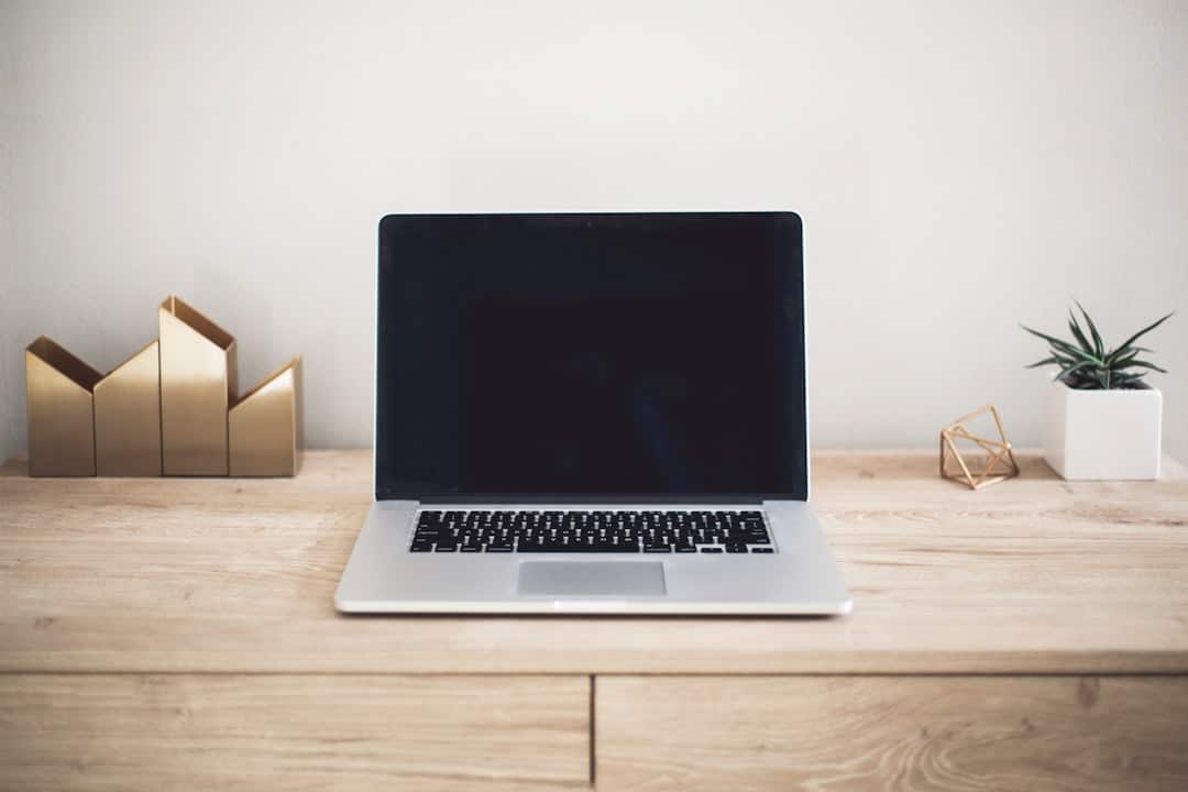 A laptop with a black screen on a wooden desk, next to geometric decor, a small potted plant, and a gold wireframe object.