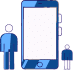 An illustration of a large blue smartphone between two blue figures, one taller on the left and the other shorter on the right.