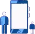 Illustration of a large smartphone with two stylized figures representing users, emphasizing mobile engagement for local businesses and optimized Google Business Profiles.
