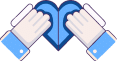 Two blue and white gloves form a heart shape.