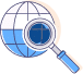 Illustration of a globe with a blue magnifying glass in front, indicating global research or exploration.