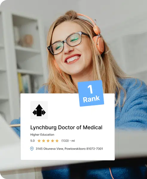 Smiling woman with headphones using a laptop, showcasing a Google Business Profile for Lynchburg Doctor of Medical with a 5-star rating and "1 Rank" badge, emphasizing local search optimization for education services.