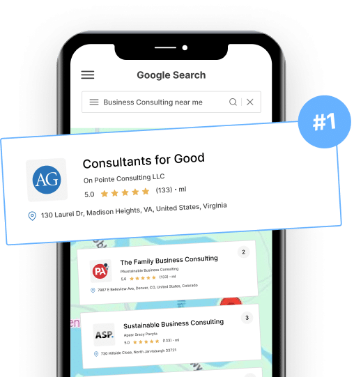 Image of a smartphone displaying a Google search for "Business Consulting near me." "Consultants for Good" is the top result with a 5-star rating.