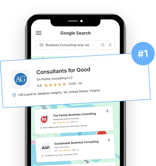 Mobile phone displaying Google search results for "Business Consulting near me," featuring a highlighted local business profile with ratings and address information.