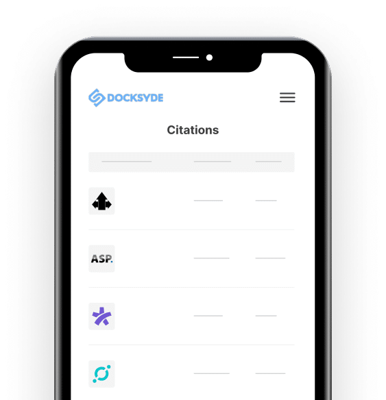 A smartphone showcases the Docksyde app, featuring a sleek list of citations and assorted logos, offering seamless management for professionals.