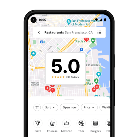 On a smartphone screen, our map app displays restaurant ratings in San Francisco, CA, with a standout 5.0 rating box. Utilize category filters like Pizza, Chinese, and Burgers to refine your search. The SEO-optimized interface ensures you find top picks seamlessly.