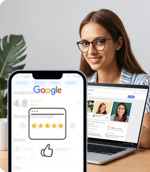 A person with glasses smiles while using a laptop. In the foreground, a smartphone screen shows a five-star rating and thumbs-up icon on a Google search page, highlighting the importance of review management for effective customer feedback and improved SEO strategy.