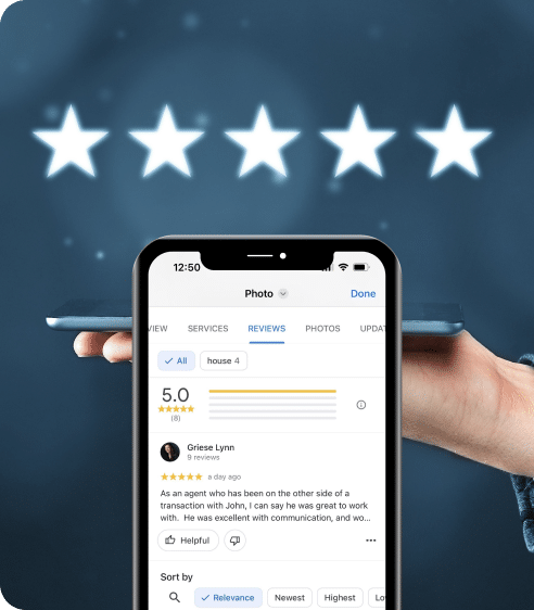 A smartphone displays a glowing 5-star review for a real estate agent, with a hand holding the phone in front of large 5-star icons. It's a perfect example of effective review management, ensuring top results in SEO for the agent's stellar services.