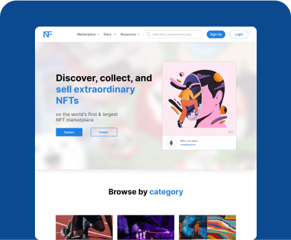 Screenshot of an NFT marketplace homepage with the tagline "Discover, collect, and sell extraordinary NFTs." Options to explore or create are seamlessly integrated into the design. Images of digital artworks are displayed, showcasing innovative visual development.