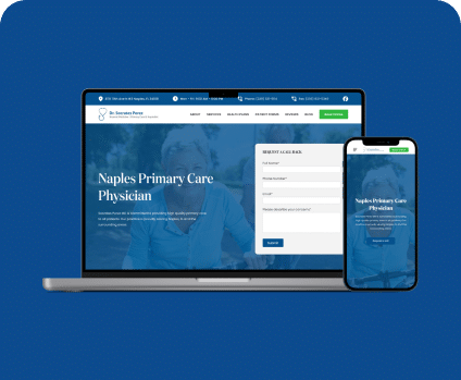 A laptop and smartphone showcase the beautifully designed homepage of a Naples primary care physician's website against a solid blue background, highlighting the thoughtful development process.