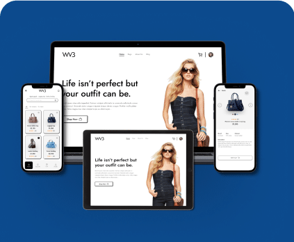 Responsive design showcases a fashion website seamlessly across devices: a laptop, tablet, and two smartphones. The development highlights a model in a black dress with handbags elegantly displayed on screens.