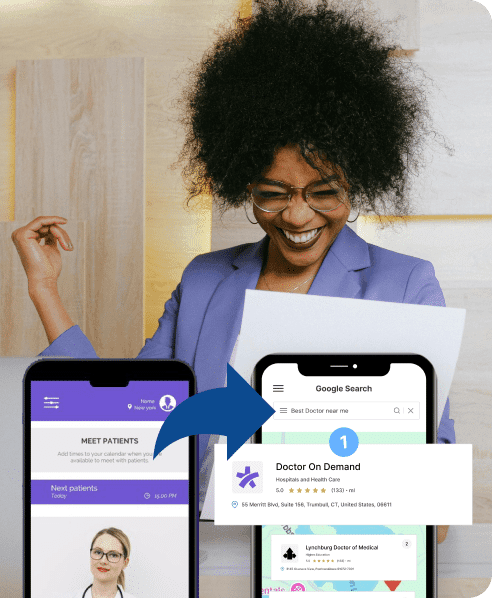 A person smiling while holding papers. In the foreground, a phone screen shows a healthcare app, and a Google search on another phone points to "Doctor on Demand.