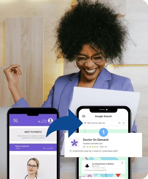 Smiling woman holding documents and looking at smartphone displaying Google search results for local healthcare services, emphasizing the importance of optimized Google Business Profiles for healthcare providers.