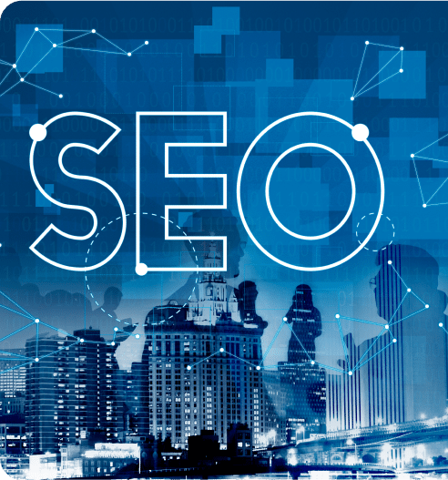 The image displays "SEO Services" over a cityscape, intertwined with digital lines and nodes, epitomizing technology and connectivity.