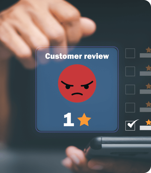 A hand hovers near a device screen displaying a customer review with a red angry face and a one-star rating, highlighting the critical need for effective review management practices.