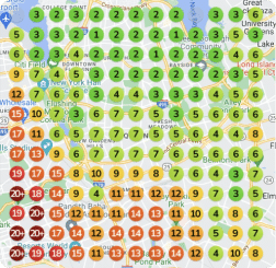 Color-coded map displaying a grid of numbered circles showing air quality levels. This visual journey, an inspiration akin to success stories, uses green for good, yellow for moderate, orange for unhealthy, and red for very unhealthy areas.