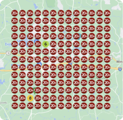 Map depicting a grid of overlapping red circles labeled "20," interspersed with yellow and green circles marked "6" and "8." Each circle tells its own success story, weaving a vibrant narrative of achievement.