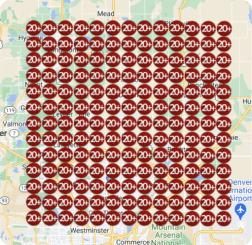 A grid of overlapping red circles with "20+" covers a map of a region near Denver, obscuring most details like hidden success stories waiting to be uncovered.