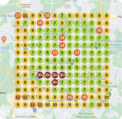 Grid map with color-coded circles displaying numbers from 5 to 20. Some areas, like success stories, are green; others are yellow, with clusters of red circles indicating higher achievements.