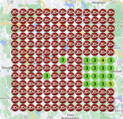 A map displays a grid with red circles marked "20+" and green circles indicating lower numbers, showcasing success stories across the region. The background reveals a geographic area with visible town names.