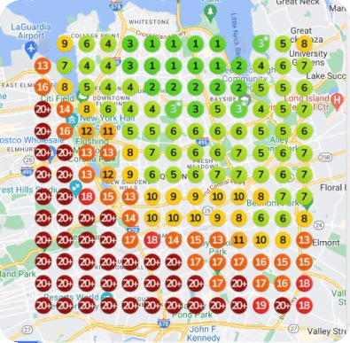 Heat map over Queens, New York, displaying circular markers with numbers ranging from single to double digits, in varying colors including green, yellow, orange, and red.