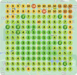 A grid map with numbered circles from 1 to 14 in gradient colors from green to red, likely representing a range or scale over a geographic area, showcases success stories across the region.