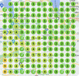 A grid of green circles with numbers overlaid on a map tells the success stories of data values varying across different areas.