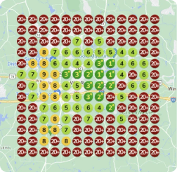 A weather map tells success stories through vivid visuals, with colored circles and numbers indicating temperature values across a grid. Green and yellow in the center narrate cooler tales, surrounded by red for higher temperatures.