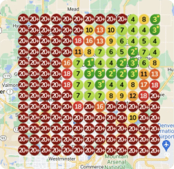 Map displaying air quality index values and success stories. Red indicates poor air quality (20+), orange is moderate (11-19), and green is good (3-10). Most of the map shows red values, with some green and orange areas highlighting successful improvement efforts.