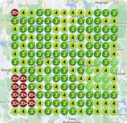 Color-coded grid map showcasing success stories with numbers from 3 to 20+. Green circles with 3's and 4's dominate, symbolizing flourishing achievements, while a cluster of red circles labeled 20+ on the left side marks significant milestones. Background map barely visible.