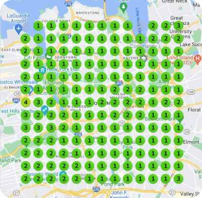 A map with a grid of circles displaying numbers 1 to 4 across various locations, predominantly in green, covering an area near New York.