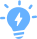 Icon of a blue light bulb with a lightning bolt inside, surrounded by small lines indicating illumination, symbolizing innovative hosting solutions.