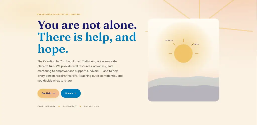 Coalition to Combat Human Trafficking website homepage with hopeful message