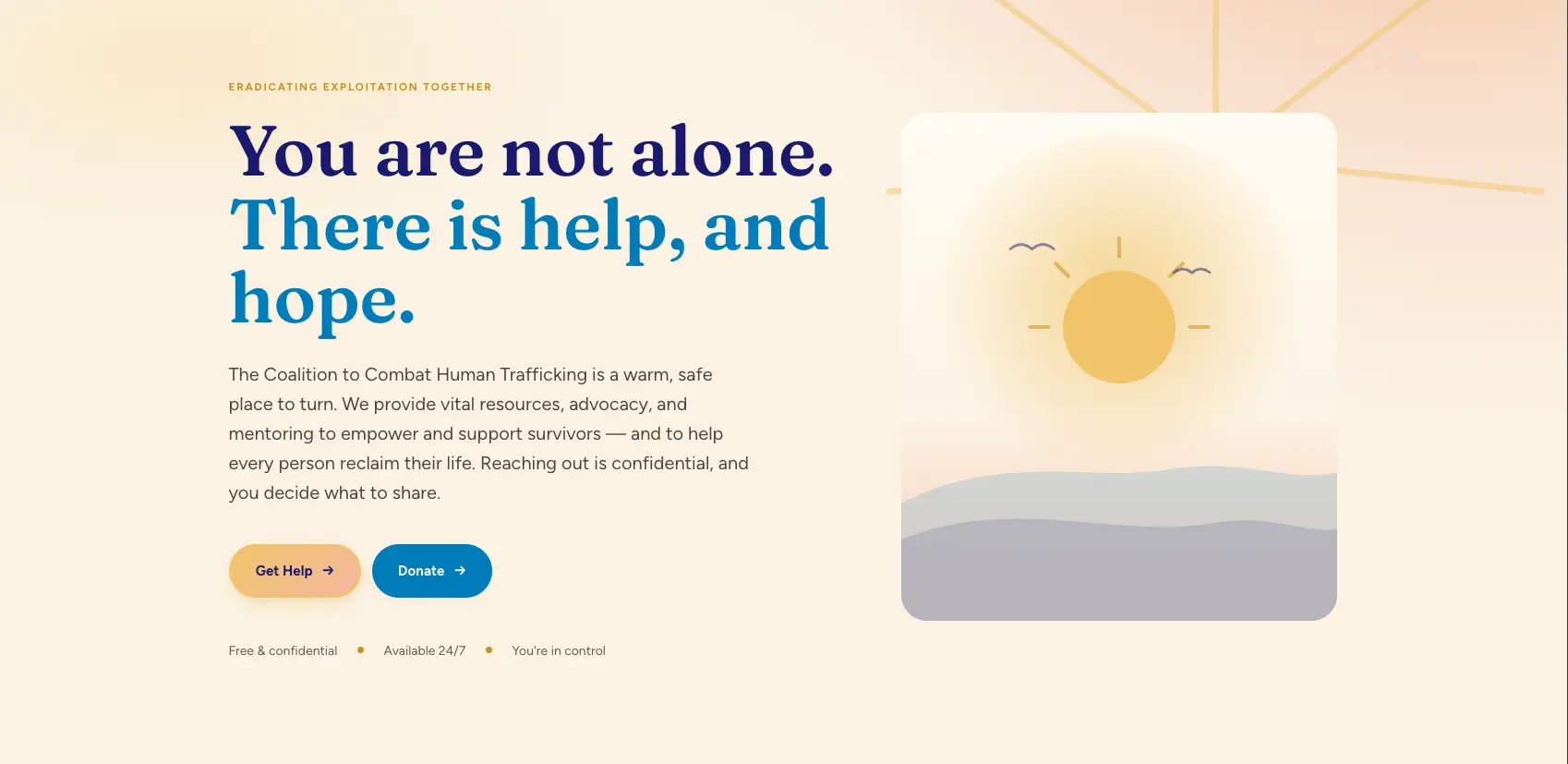 Coalition to Combat Human Trafficking website homepage with hopeful message