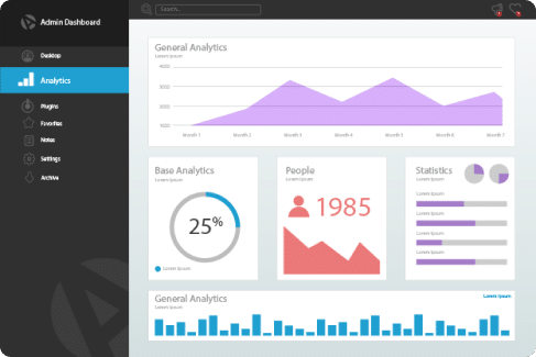 An analytics dashboard showcases graphs and charts: a purple line graph, a pie chart at 25%, people count of 1985, a red bar chart, and a blue bar graph. Perfect for tracking SEO services progress. The menu is conveniently located on the left side.