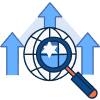 A magnifying glass over a globe with upward arrows symbolizes global search, highlighting how local business visibility in Traverse City drives business growth.