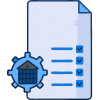 Icon of a document with checklist and gear symbol, featuring a building inside, representing settings or processes related to facility optimization and business growth in Traverse City.