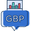 Icon showing a speech bubble with "GBP" and a bar chart above it, cleverly symbolizing the essence of financial analysis—much like mastering your Google Business Profile for enhanced local reach in Traverse City, Michigan.