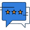 Two overlapping speech bubbles, one blue and one white, with three stars inside the blue bubble, symbolize enhancing your Google Business Profile to boost local business visibility.