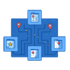 Flowchart illustrating connected documents and location icons on a blue background.