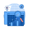 Illustration of a webpage with bar and line graphs, magnifying glass focusing on data points, and a gear icon, symbolizing data analysis and analytics.